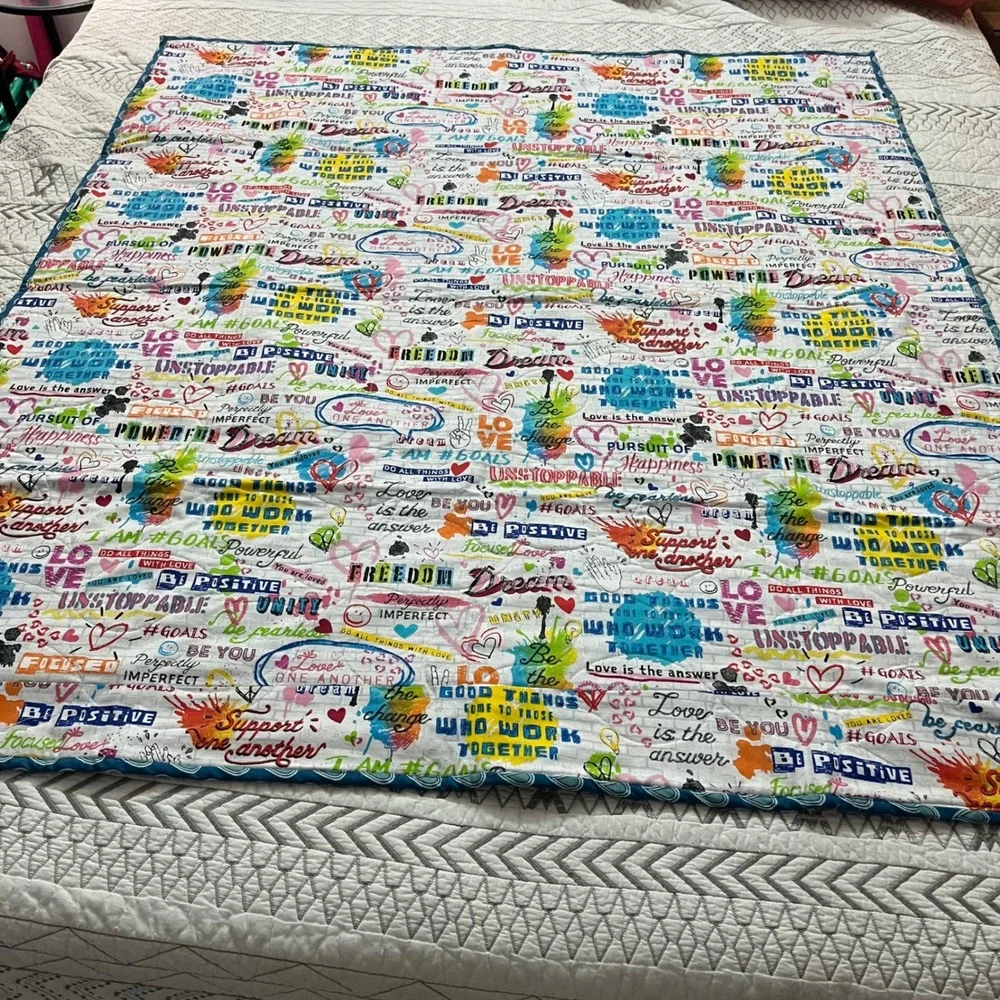 Handmade Reversible Patchwork Quilt Teal Blue Inspirational Graffiti Print 49x44